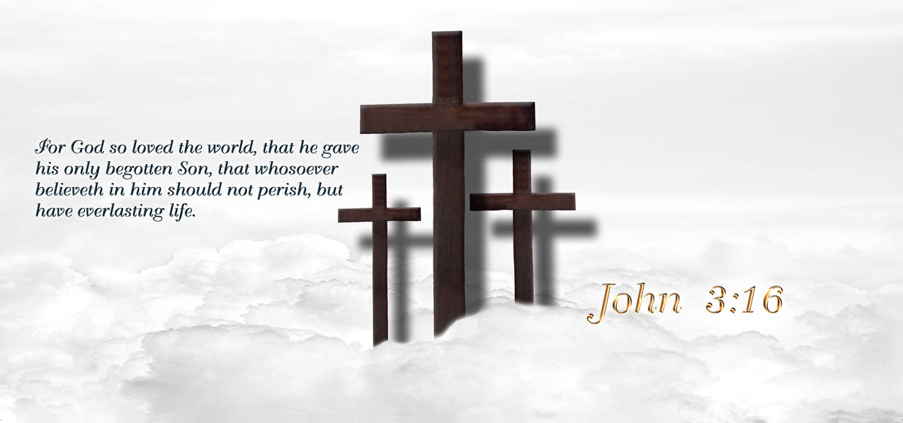 John 3-16 Clouds 3 Crosses Gold White